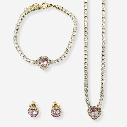 Conjunto Diamond – Brincos, Colar e Pulseira com Zircónias e Coração Rosa