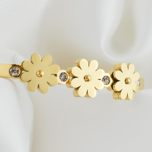 Flower – Pulseira em Aço Rígida com Flores e Brilhantes